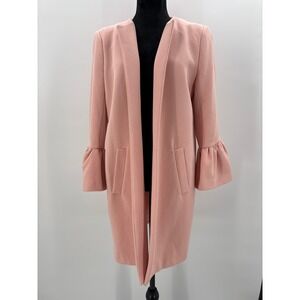 Catherine Malandrino Women's Pink Ruffle Sleeve Open Front Long Jacket Coat Sz 8